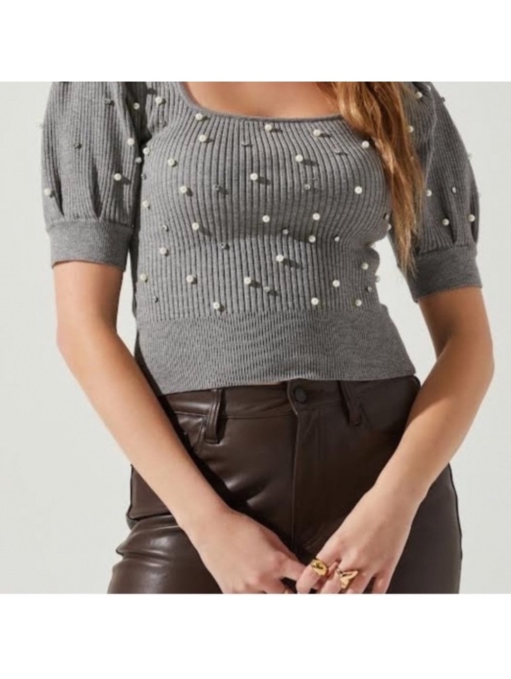 ASTR The Label Women's Gray Ribbed Knit Sweater with Pearls size XS